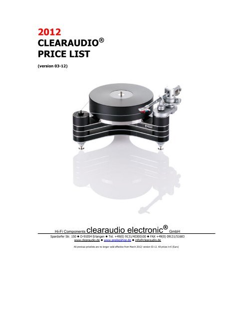 Clearaudio Cenovnik 2012. - One Hi-Fi