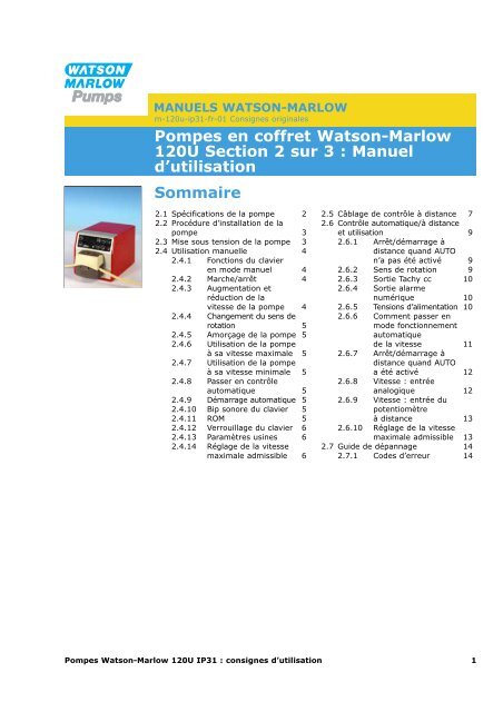 Pompes en coffret Watson-Marlow 120U/R Sommaire