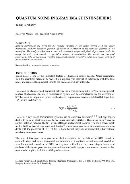 QUANTUM NOISE IN X-RAY IMAGE INTENSIFIERS