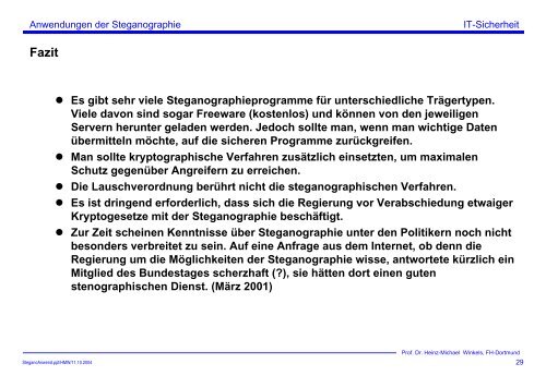 Anwendungen der Steganographie - Prof. Dr. Heinz-Michael Winkels