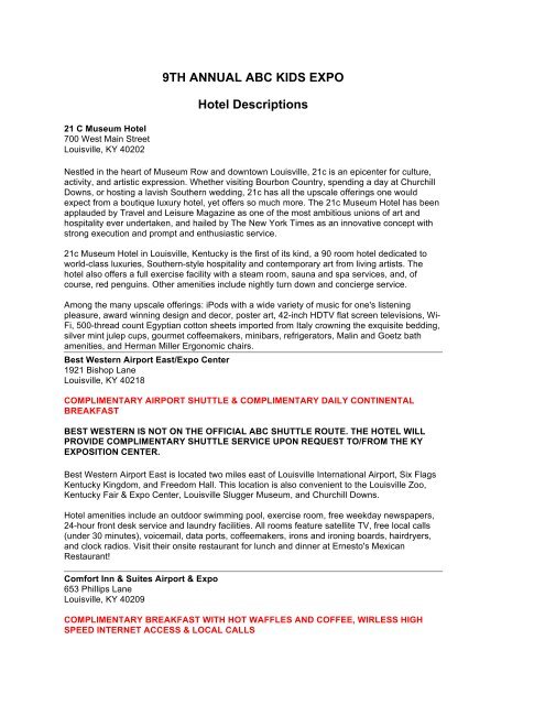 9th Annual Abc Kids Expo Hotel Descriptions