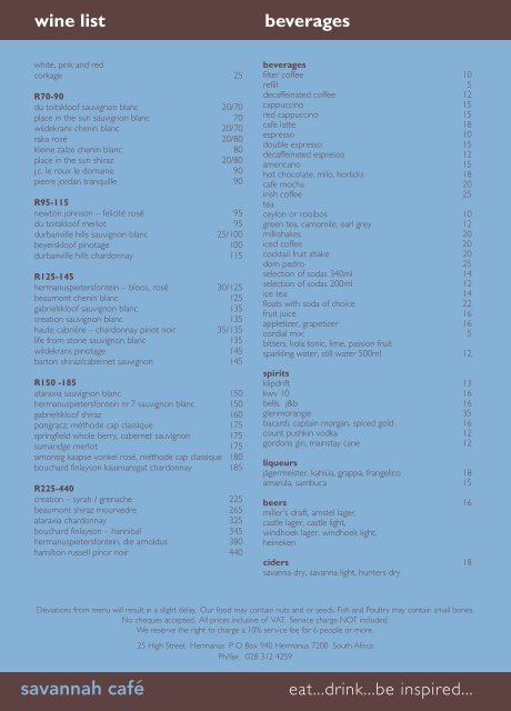 wine list beverages - Savannah Cafe