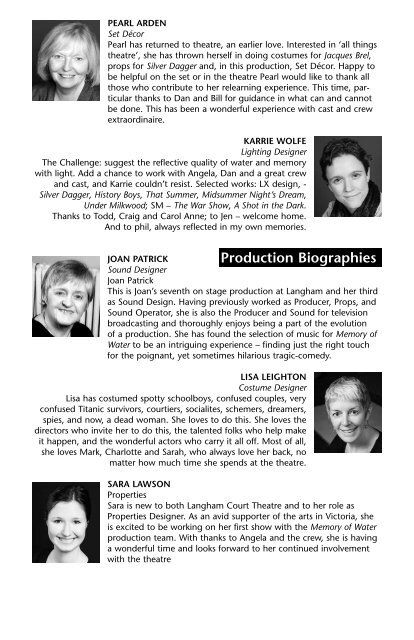 The Memory of Water, Program - Langham Court Theatre