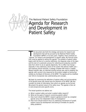 Agenda for Research and Development in Patient Safety