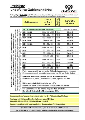 Preisliste unbefüllte Gabionenkörbe - im Schotterwerk Moersdorf