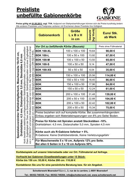 Gabionen füllmaterial preisliste