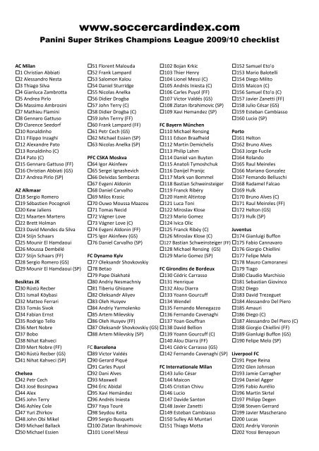 Panini Super Strikes Champions League 2009/10 checklist