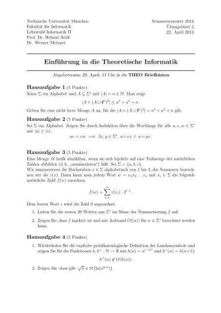 Einfaƒa Hrung In Die Theoretische Informatik Technische Universitaƒa T