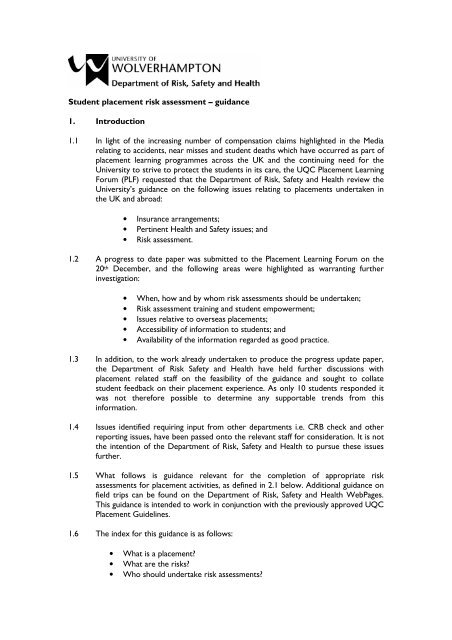 Student placement risk assessment - University of Wolverhampton