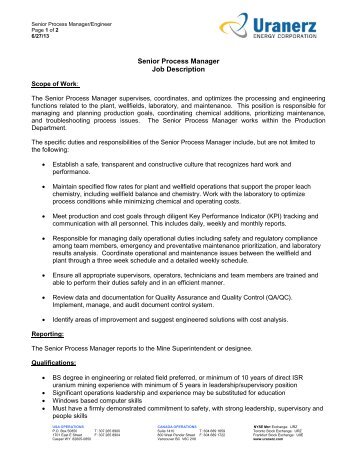 Senior Process Manager Job Description - Uranerz Energy ...