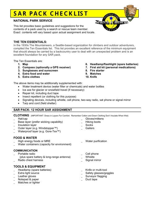 NPS SAR Pack Checklist.pdf - Sierra Nature Notes