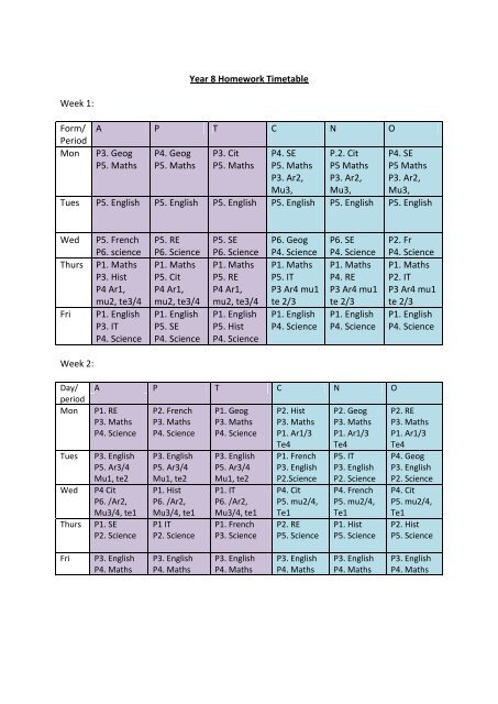 Year 8 Homework Timetable Week 1: Form/ Period ... - Bow School
