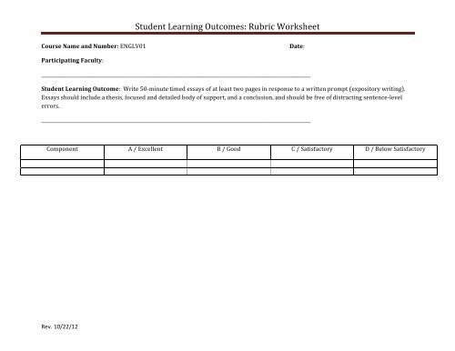 Student Learning Outcomes: Rubric Worksheet - Ventura College