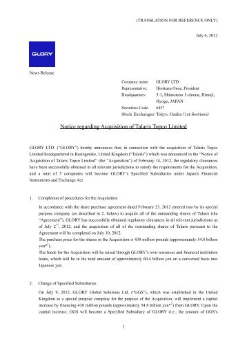 Notice regarding Acquisition of Talaris Topco Limited - glory global site