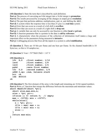 EE319K Spring 2011 Final Exam Solution A Page 1 (10) Question 1 ...