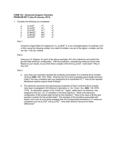 CHEM 153 - Advanced Inorganic Chemistry PROBLEM SET 2 (due ...