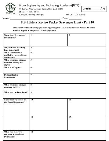 U.S. History Review Packet Scavenger Hunt - Part 10 - BETA