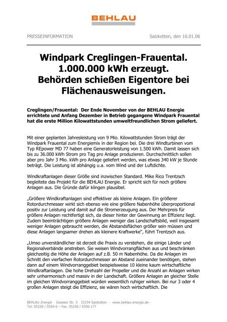 Windpark Creglingen-Frauental. 1.000.000 kWh erzeugt. Behörden ...
