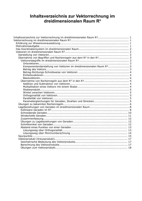 zur Vektorrechnung im dreidimensionalen Raum R³ - Bkonzepte.de