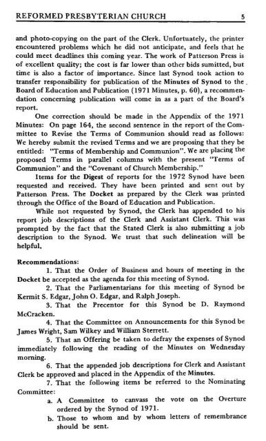 Reformed Presbyterian Minutes of Synod 1972