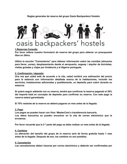 Reglas generales de reserva del grupo Oasis Backpackers´Hostels ...