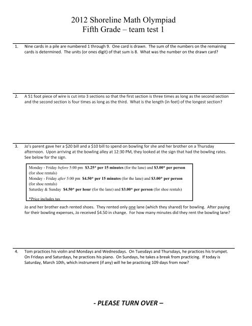 2012 Shoreline Math Olympiad Fifth Grade â team test 1