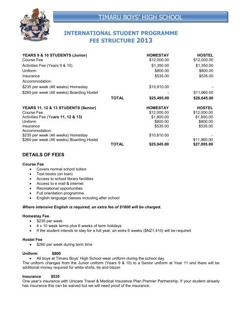 Fee Structure - International Programme - Timaru Boys High School