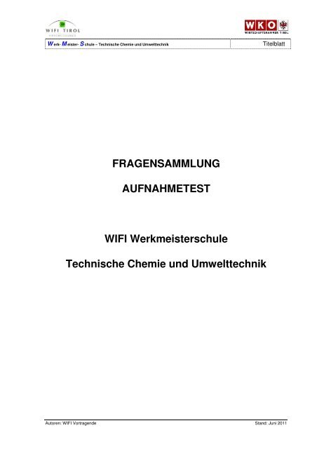 FRAGENSAMMLUNG AUFNAHMETEST WIFI Werkmeisterschule ...