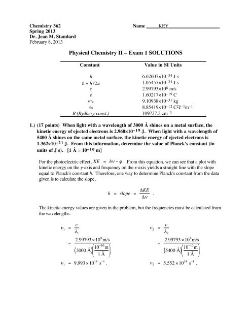 Physical Chemistry Ii A Exam 1 Solutions