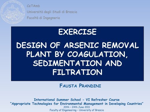 Design of arsenic removal plant by coagulation, sedimentation