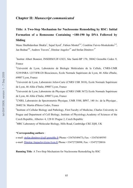 Etudes sur le mécanisme de remodelage des nucléosomes par ...