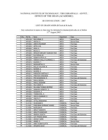 ug list of graduands - National Institute of Technology, Tiruchirappalli