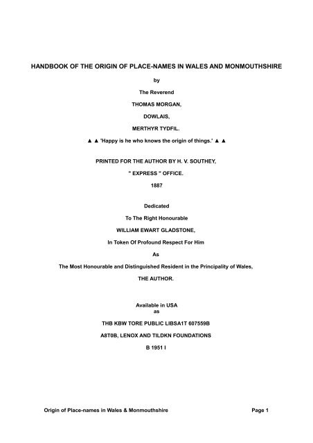 handbook of the origin of place-names in wales and monmouthshire