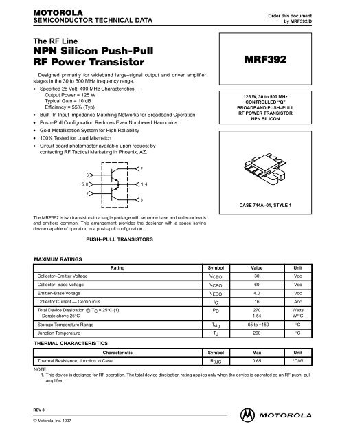 NPN Silicon Push-Pull RF Power Transistor MRF392 - CB Tricks