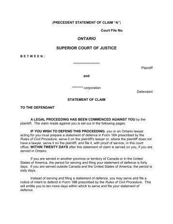 Precedent Statement of Claim A - Bogoroch & Associates