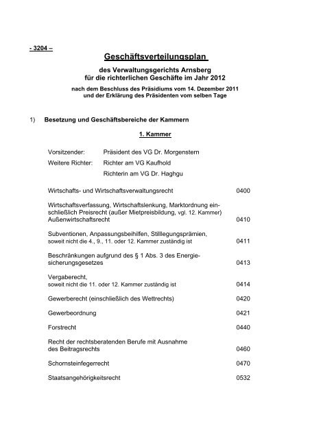 Geschäftsverteilungsplan - Verwaltungsgericht Arnsberg