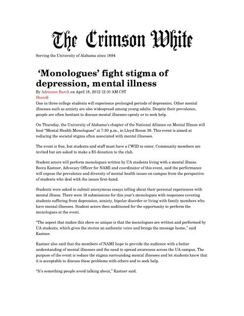 'Monologues' fight stigma of depression, mental illness - Alabama ...
