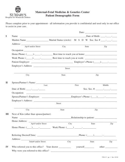 Patient Demographic Form - St. Mary's Medical Center
