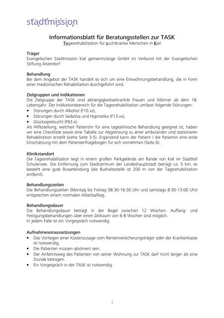 Informationsblatt für Beratungsstellen zur TASK - Stadtmission Kiel