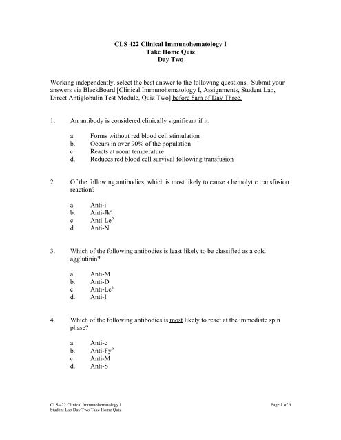 CLS 422 Clinical Immunohematology I Take Home Quiz Day Two ...