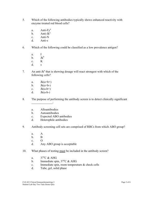 CLS 422 Clinical Immunohematology I Take Home Quiz Day Two ...