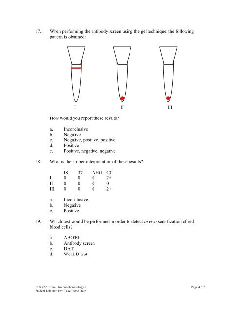 CLS 422 Clinical Immunohematology I Take Home Quiz Day Two ...