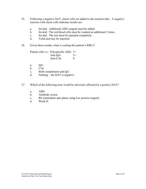 CLS 422 Clinical Immunohematology I Take Home Quiz Day Two ...