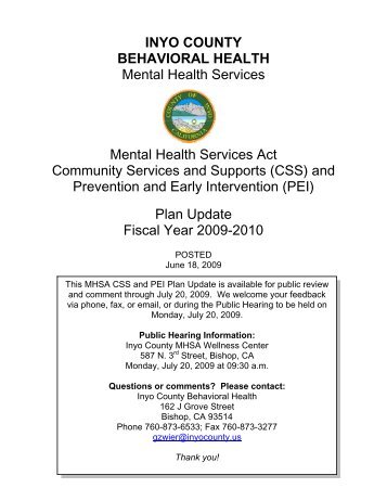 MHSA CSS/PEI Fiscal Year 2009/2010 Update - County of Inyo