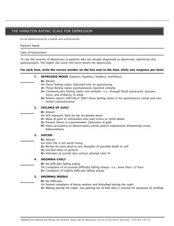 THE HAMILTON RATING SCALE FOR DEPRESSION