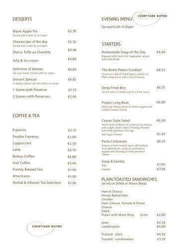 evening menu starters desserts coffee & tea - Castlecourt Hotel