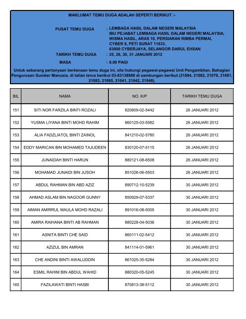 PUSAT TEMU DUGA : TARIKH TEMU DUGA : 25, 26, 30, 31 ...