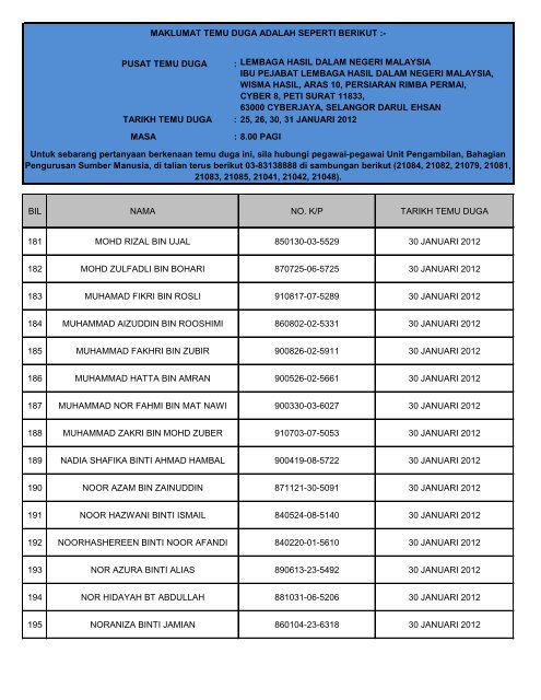 PUSAT TEMU DUGA : TARIKH TEMU DUGA : 25, 26, 30, 31 ...