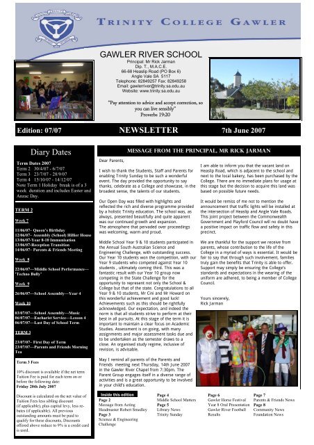 GAWLER RIVER SCHOOL NEWSLETTER Diary ... - Trinity College