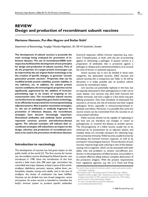REVIEW Design and production of recombinant subunit vaccines